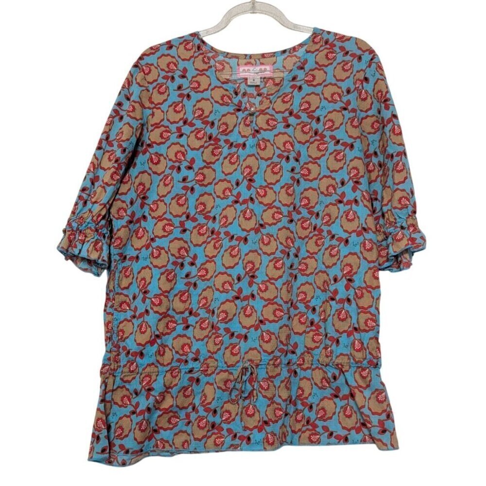 Koi Floral Scrub Top Womens Size Small Blue Cotton Short Sleeve Medical Nurse